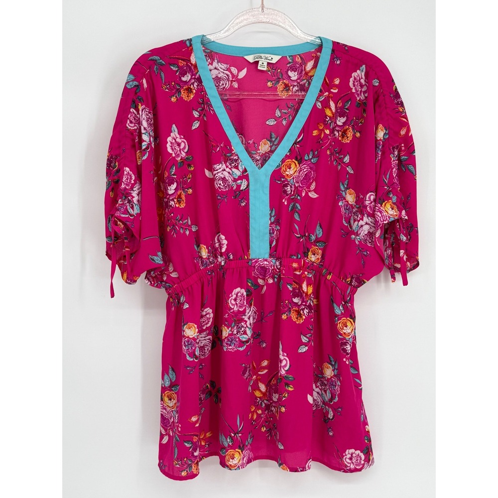 The‎ Pioneer Woman Pink Floral V-Neck Peplum Blouse Short Tie Sleeve Medium